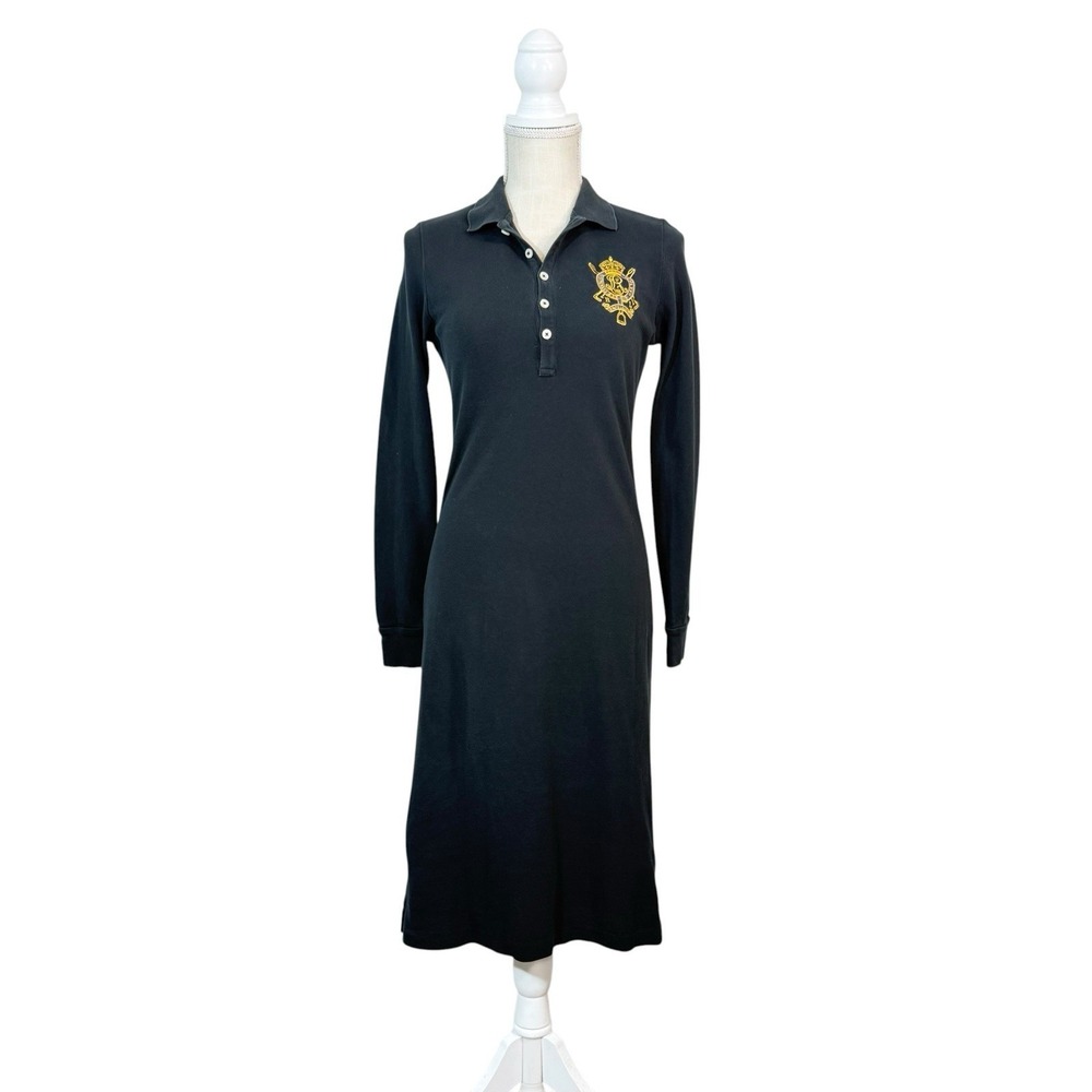 RALPH LAUREN SPORT Womens Polo Dress Sz S Crest BLACK Long Slv Preppy Academia